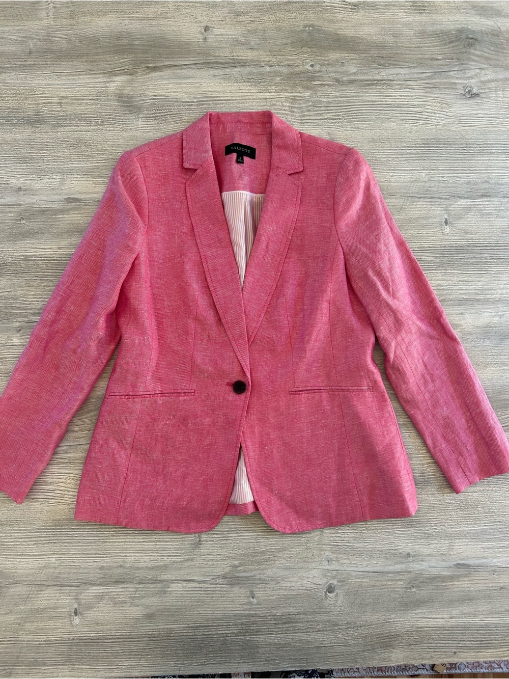Talbots Pink 100% Linen Single Button Blazer Jacket Striped Lining Size 6 NWOT